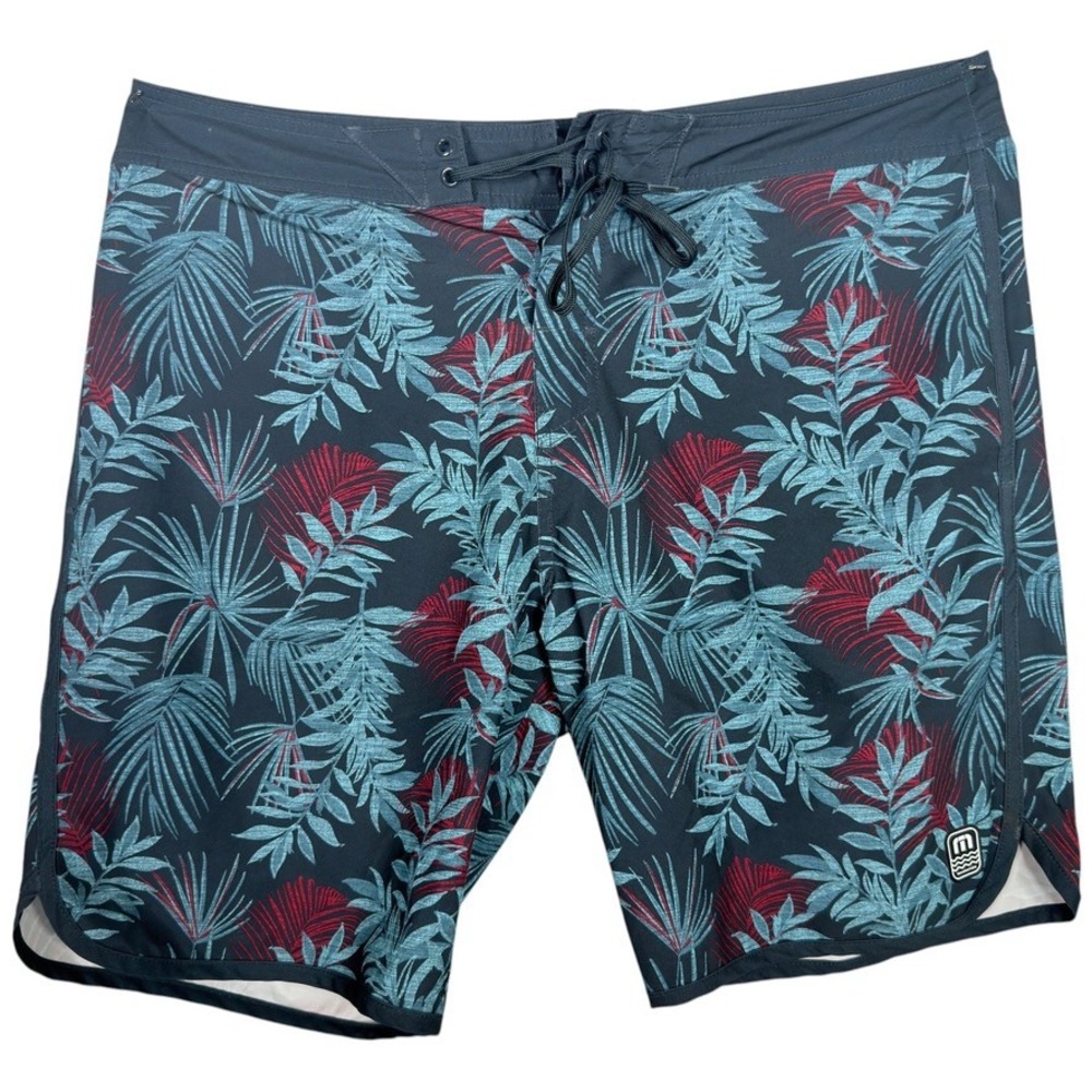 TravisMathew‎ Men's Tropical Leaf Board Shorts Navy Red Stretch Swim Size 38